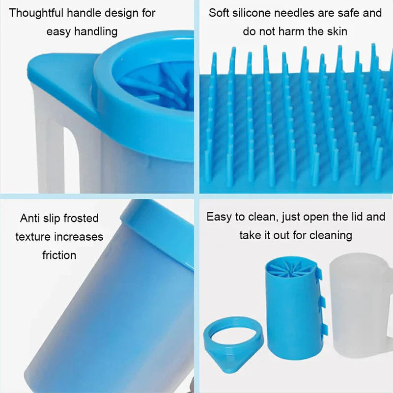 Four-panel close-up showing pet paw washer handle, internal bristles, frosted surface, and disassembled parts with descriptive text labels
