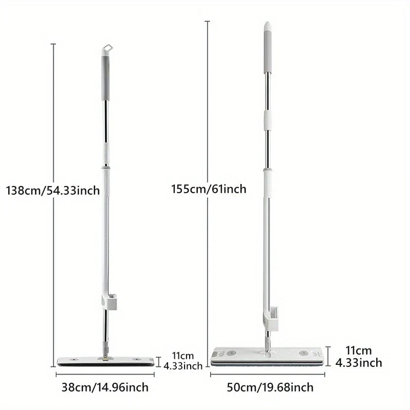 Mop And Bucket System - Size comparison of two flat mops, showing length, head width and head height measurements in cm and inches