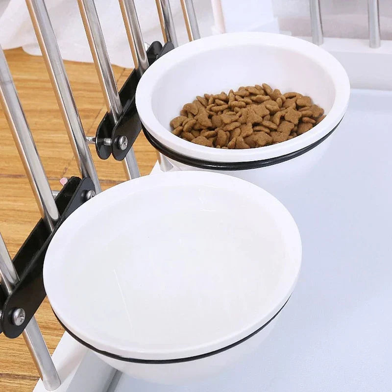 Dog Water Dish Fountain - Two white pet bowls with black trim are mounted on an adjustable chrome stand, one bowl is empty and the other holds brown dry pet kibble, on a light blue surface.