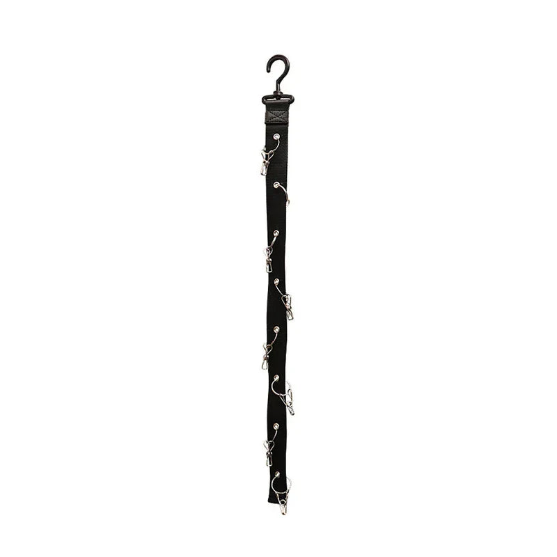 Hat Organizer - Black hanging strap with metal clips and top swivel hook, displayed against a plain white background