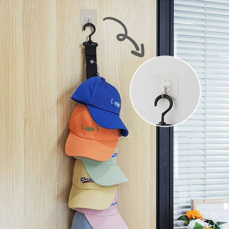 Hat Organizer - Cap hanger hung on an adhesive wall hook, holding stacked baseball caps