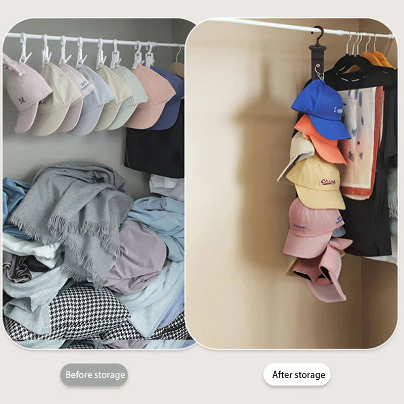Hat Organizer - Split comparison showing baseball caps clipped on a closet rod above a messy pile of clothes, left, and caps hung vertically on a strap hanger with clothes, right