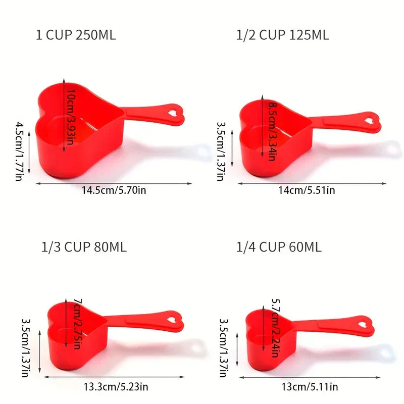 Measuring Spoons - Size chart diagram of four red heart-shaped measuring cups, with capacity and dimension labels for each.
