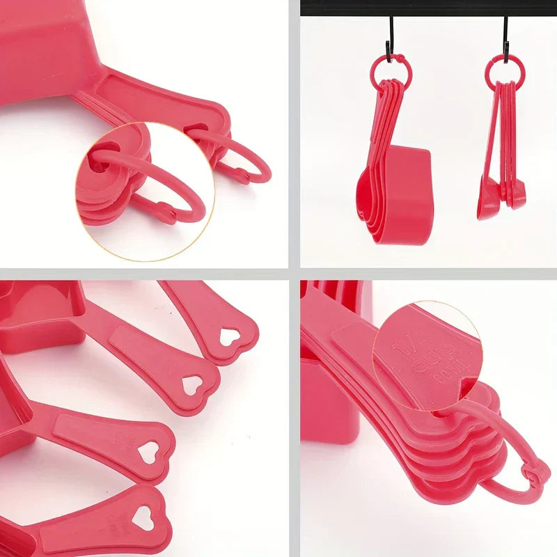 Measuring Spoons - Four-panel detail close-ups: ring connection, hanging cups, heart cutouts on handles, and capacity markings.