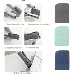 Estuche de silicona resistente al calor para rizador - Fotos paso a paso que muestran cómo envolver un rizador con la alfombrilla, con tres opciones de color visibles