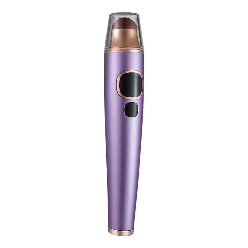 Heated Air Compression Shiatsu Eye Relaxation Mask - Lavender and rose gold handheld eye care device with protective cap over massage head, shown upright against white background