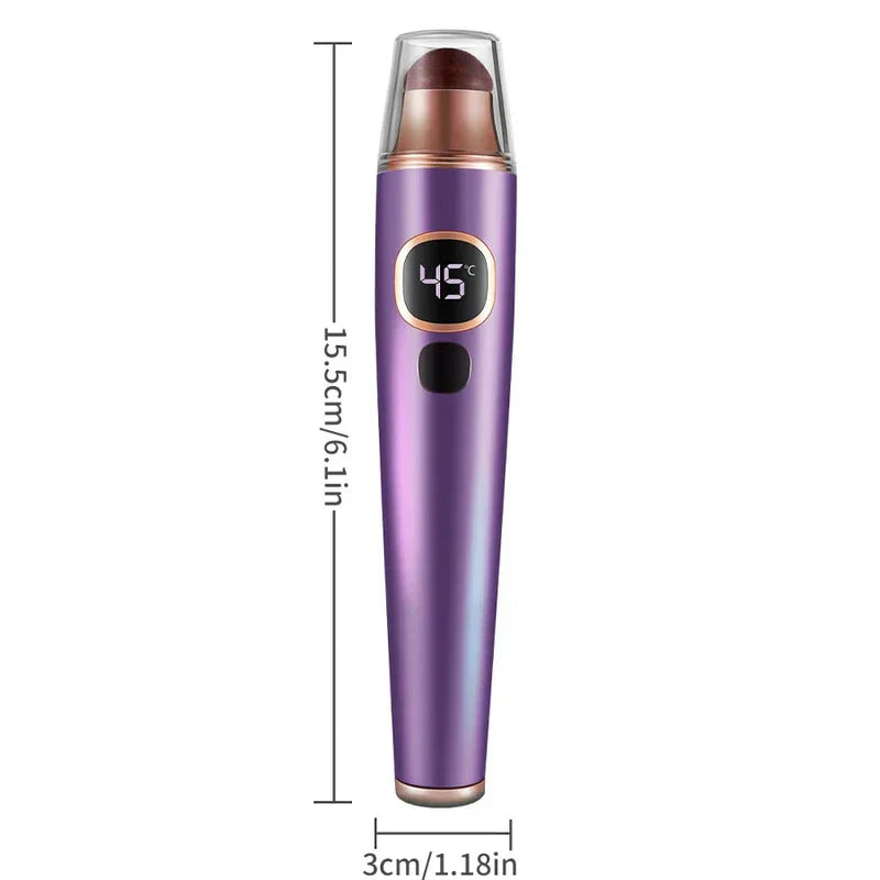 Heated Air Compression Shiatsu Eye Relaxation Mask - Purple pen-shaped eye massager with size labels, showing 15.5cm height and 3cm width, 45°C temperature display, clear cap on.