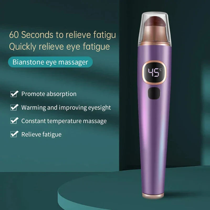 Heated Air Compression Shiatsu Eye Relaxation Mask - Purple Bian stone eye massager on teal surface, left side lists features, temperature display shows 45°C with capped end.