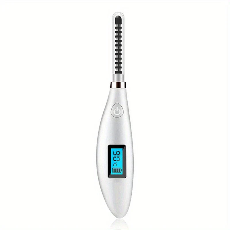 Heated Eyelash Curler - Silver pen-style lash styling tool with digital temperature display and comb tip