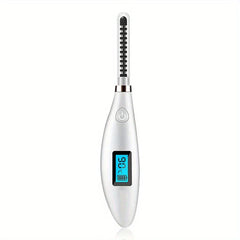 Heated Eyelash Curler - Silver pen-style lash styling tool with digital temperature display and comb tip