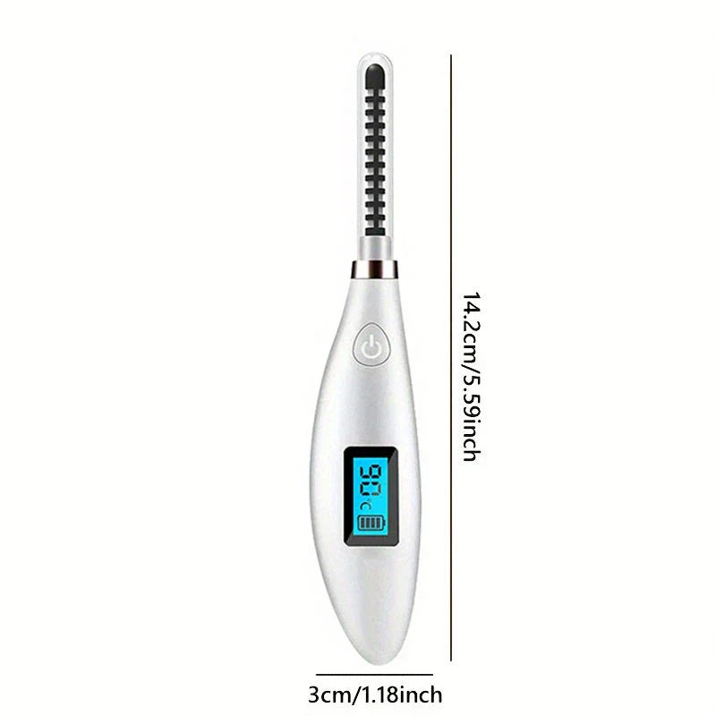 Silver heated eyelash curler with length and width dimension labels on a white background