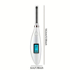Silver heated eyelash curler with length and width dimension labels on a white background
