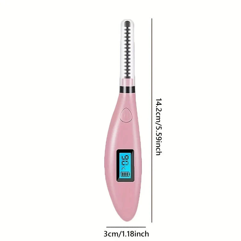 Pink heated eyelash curler with length and width dimension labels on a white background