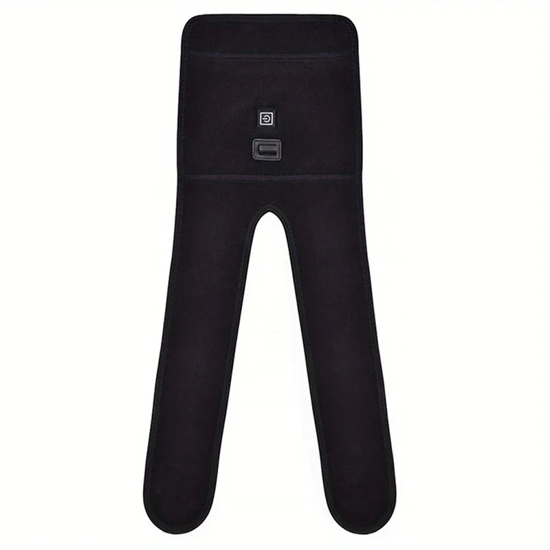 Heated Knee Brace Wrap Massager - Unworn black neoprene knee wrap laid flat, showing power button and connection port