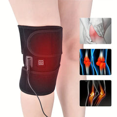 Heated Knee Brace Wrap Massager - Black knee wrap worn on a leg, glowing red to indicate active heat function, with adjacent diagrams of common knee pain areas
