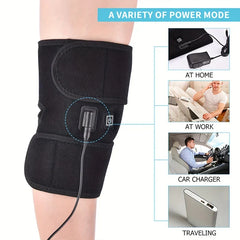 Heated Knee Brace Wrap Massager - Black heated knee brace worn on a leg, with diagrams showing multiple compatible power sources for use at home, work, in cars, and travel.