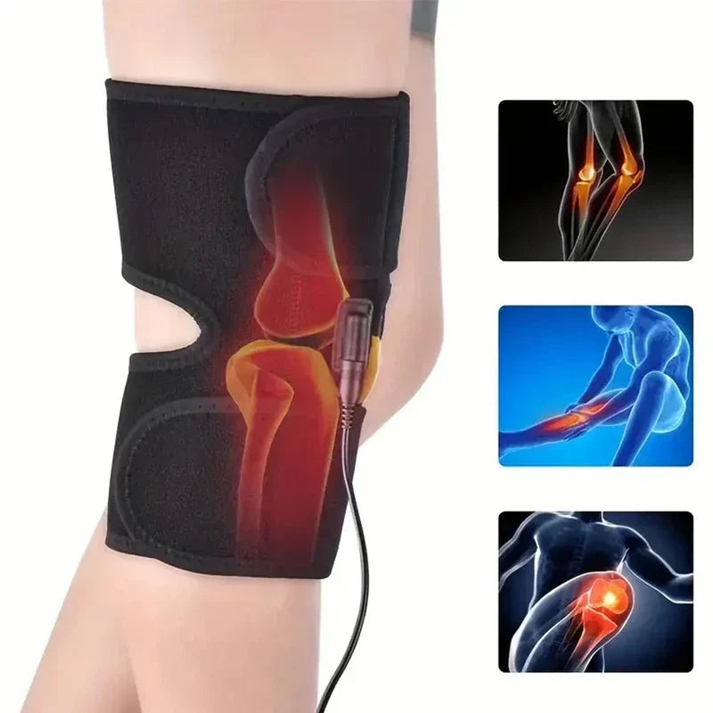 Heated Knee Pad - Knee wrap worn on a leg, with heat visualization over the knee joint and inset diagrams of knee discomfort points