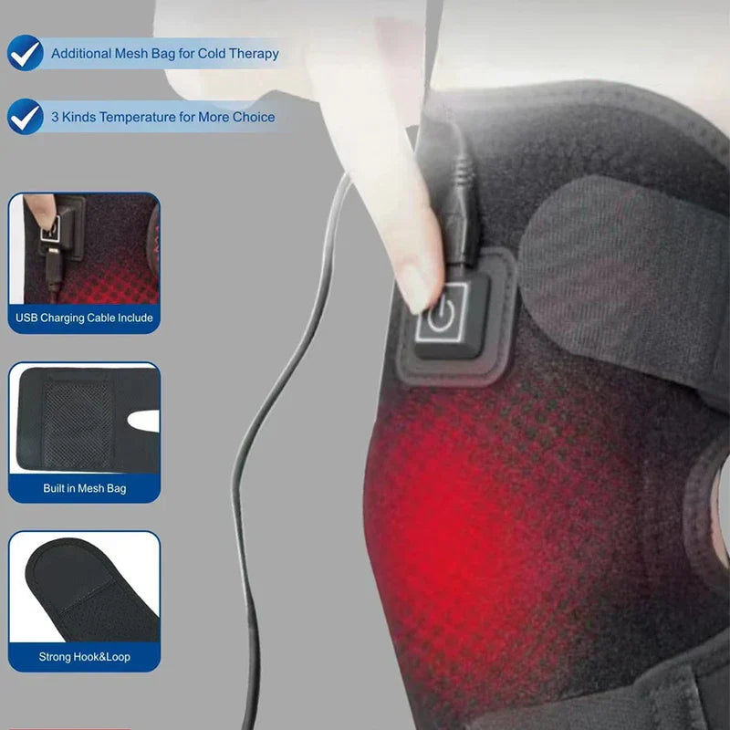 Heated knee pad brace wrap support with USB cable and mesh pocket