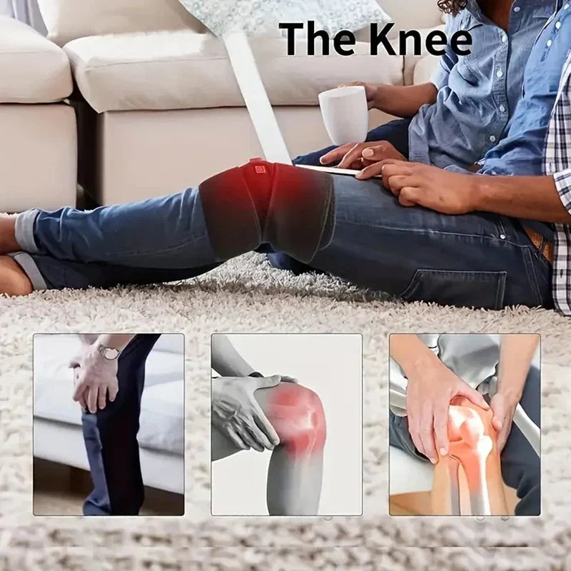 Heated Knee Pad - Person sitting on a carpeted floor with a heating knee brace worn on their knee, with three knee pain inset images below.