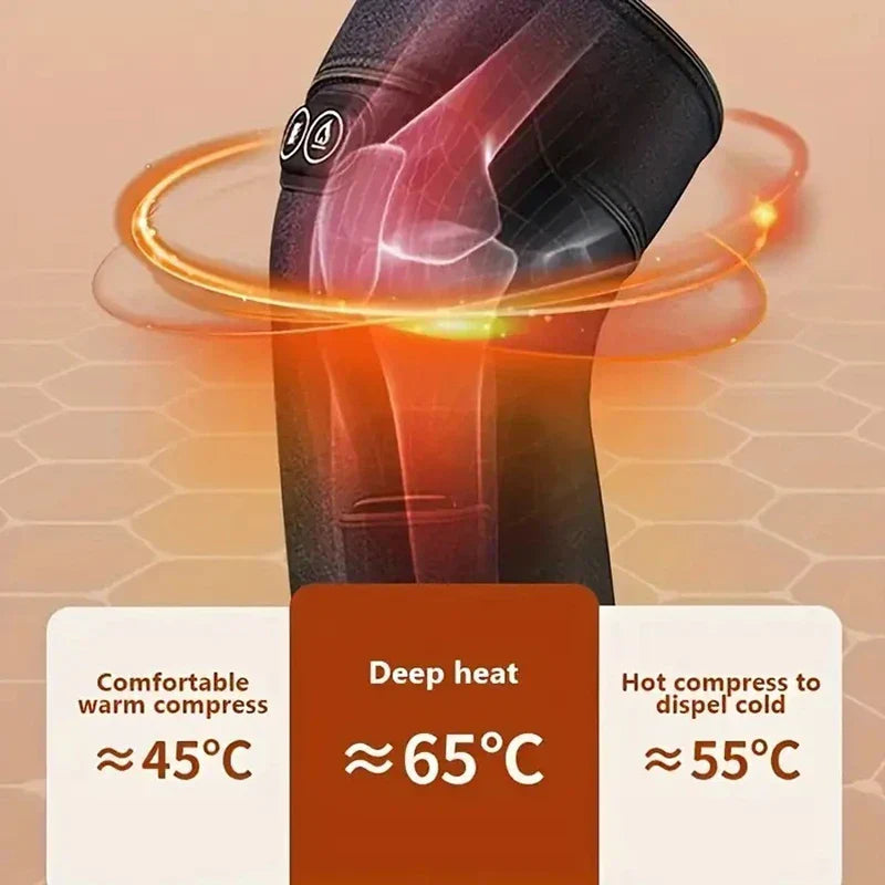 Genouillère chauffante - Gros plan sur un genou portant une genouillère chauffante à double bouton, montrant trois réglages de température : 45 °C, 55 °C et 65 °C.
