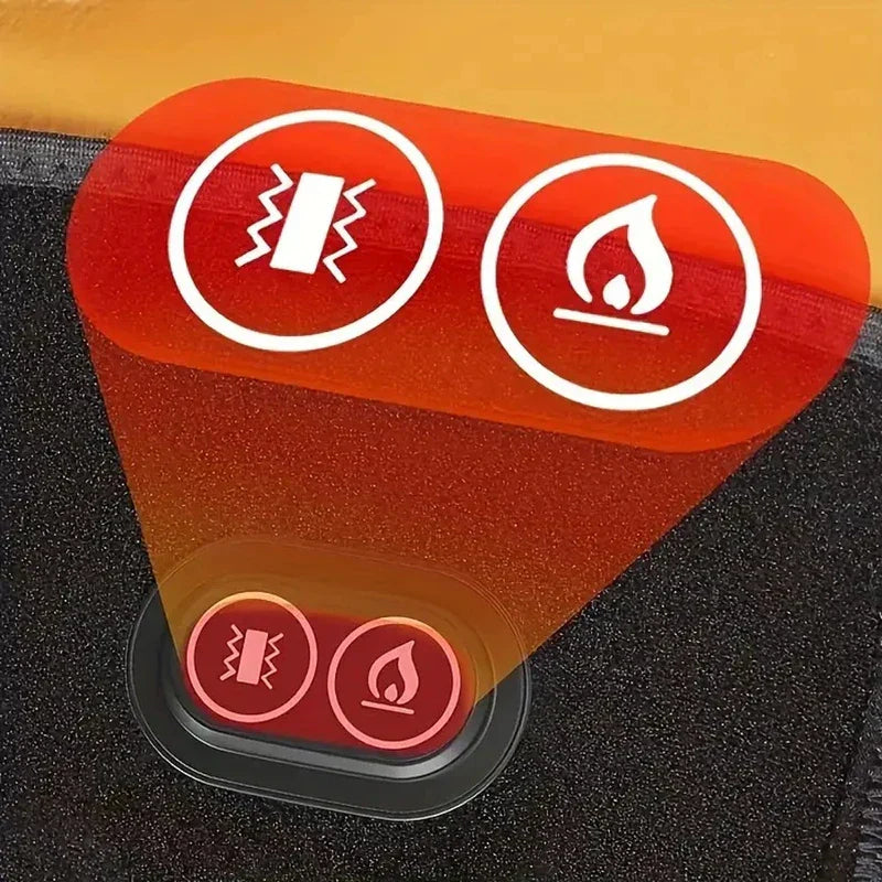 Genouillère chauffante - Gros plan sur un panneau de commande à double bouton éclairé en rouge avec deux symboles d'avertissement blancs de type danger et des icônes de boutons allumés correspondants