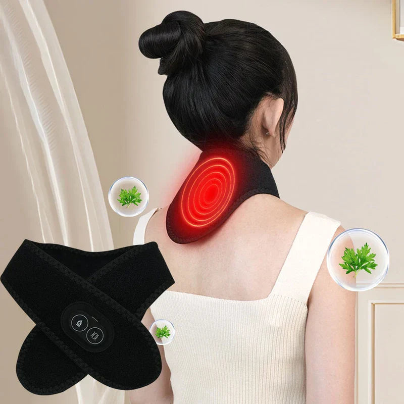 Heated Neck Brace Wrap Support Pad - Product worn on back of neck showing red heat zone, with herbal insert callouts