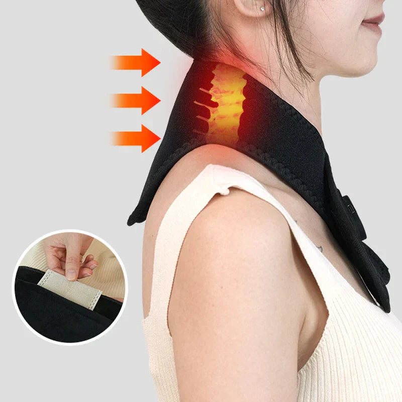 Heated Neck Brace Wrap Support Pad - Side view of product worn on neck showing heat penetration, inset of insert pocket