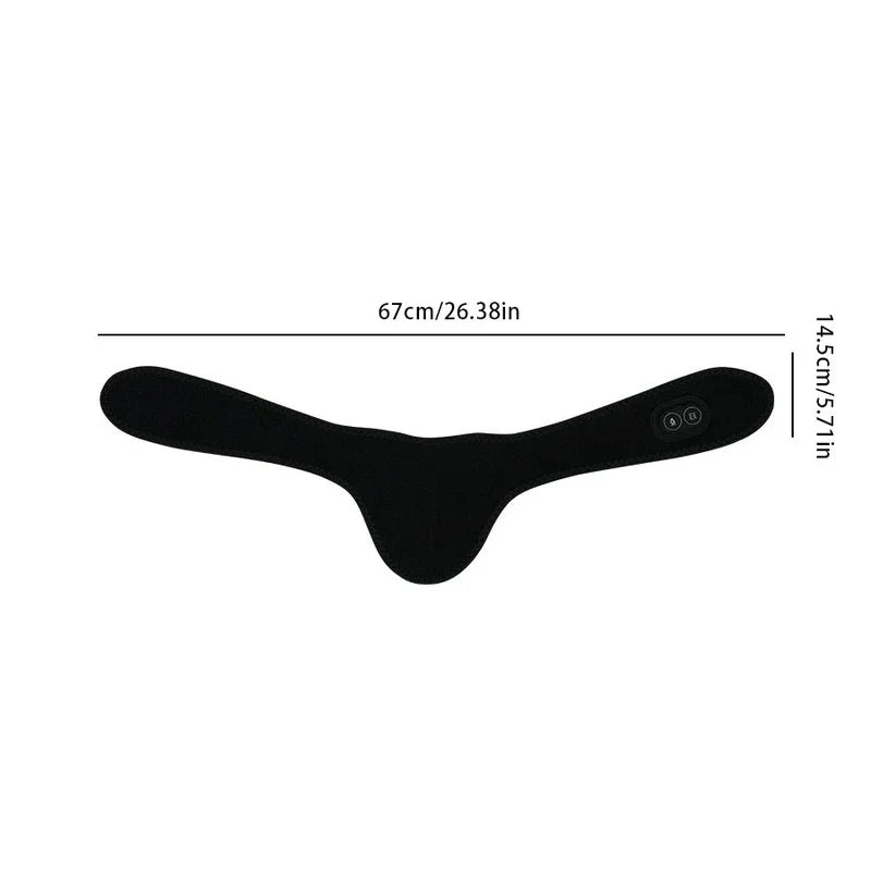 Heated Neck Brace Wrap Support Pad - Black neck heating brace laid flat, with length and width dimensions marked.