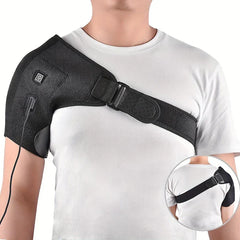 Heated Shoulder Brace Wrap - Black heated shoulder brace worn on a person over a white t-shirt, with inset showing back strap placement