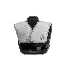 Shawl Wrap - Front view of gray and black heated wearable vest with side control button and waist strap