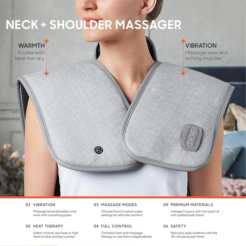 Shawl Wrap - Model wearing gray heated neck and shoulder massager with labeled feature callouts