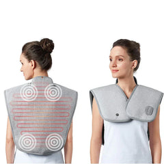 Shawl Wrap - Two views of a person wearing a grey heated shoulder and upper back wrap, showing vibration motors and heating elements on the back, and control panel on the front.