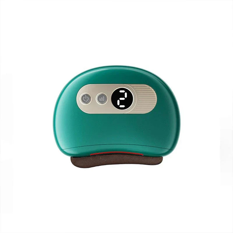 Scraping Therapy Tool - Teal electric gua sha device with beige control panel, display showing level 2, and red indicator light above the brown scraping edge