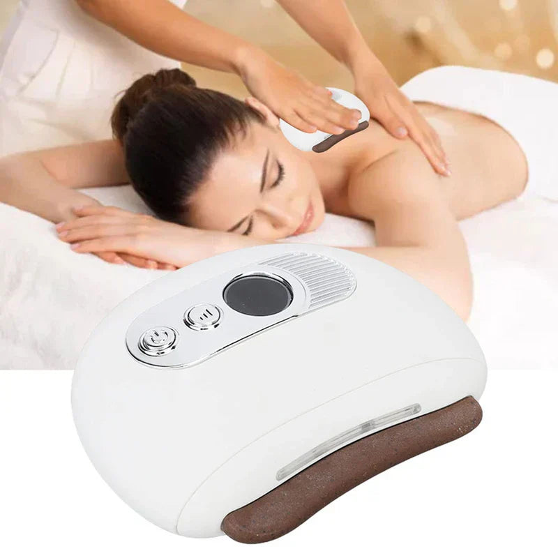 Scraping Therapy Tool - Device being used to massage a person's upper back during a relaxation session