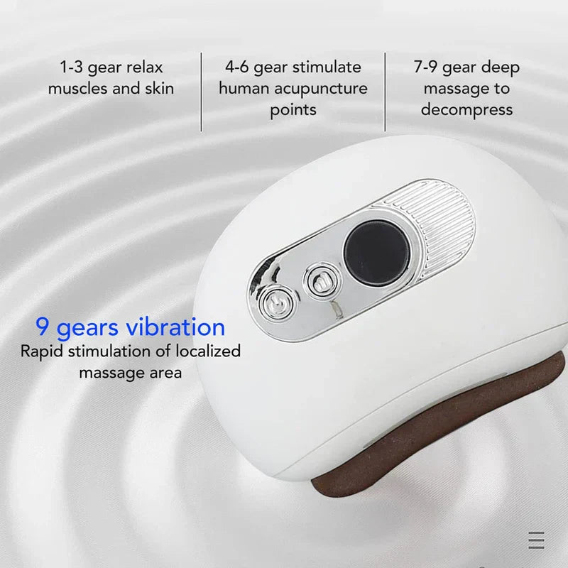 Scraping Therapy Tool - Same white massage device, overlaid with text describing 9 vibration gears and their effect descriptions