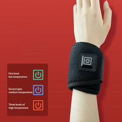 Wrist Brace - Wrap worn on wrist alongside heat setting guide showing three temperature levels