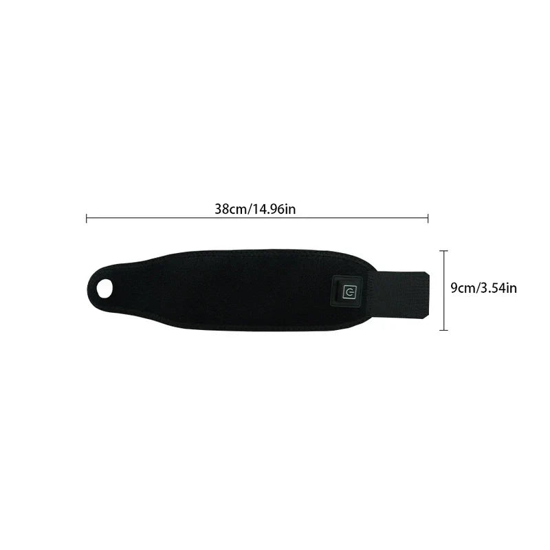 Wrist Brace - Black heated wrist wrap, laid flat, with length 38cm/14.96in and width 9cm/3.54in dimension markings.