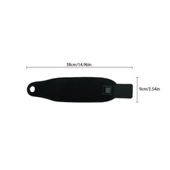 Wrist Brace - Black heated wrist wrap, laid flat, with length 38cm/14.96in and width 9cm/3.54in dimension markings.