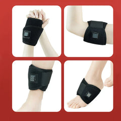 Wrist Brace - Four-panel grid showing the same black heated wrap worn on a wrist, elbow, ankle, and foot.