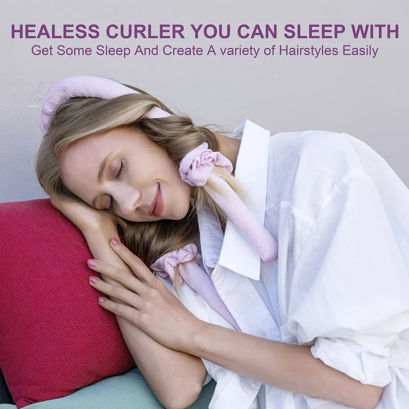 Heatless Hair Curling Rod - Smiling woman sleeping with pink soft hair curlers tied in her blonde hair, resting her head on a pink pillow