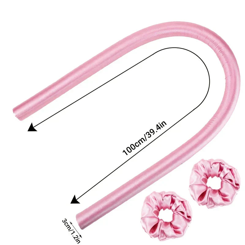 Heatless Hair Curling Rod - Pink flexible long hair curler rod with two matching satin scrunchies, marked dimensions 100cm length and 3cm diameter