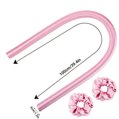 Heatless Hair Curling Rod - Pink flexible long hair curler rod with two matching satin scrunchies, marked dimensions 100cm length and 3cm diameter