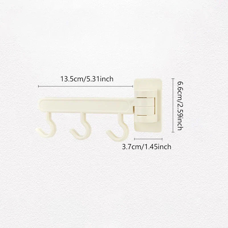Adhesive Wall Hooks - White plastic 3-hook wall rack with hinge joint, shown with labeled dimension measurements.