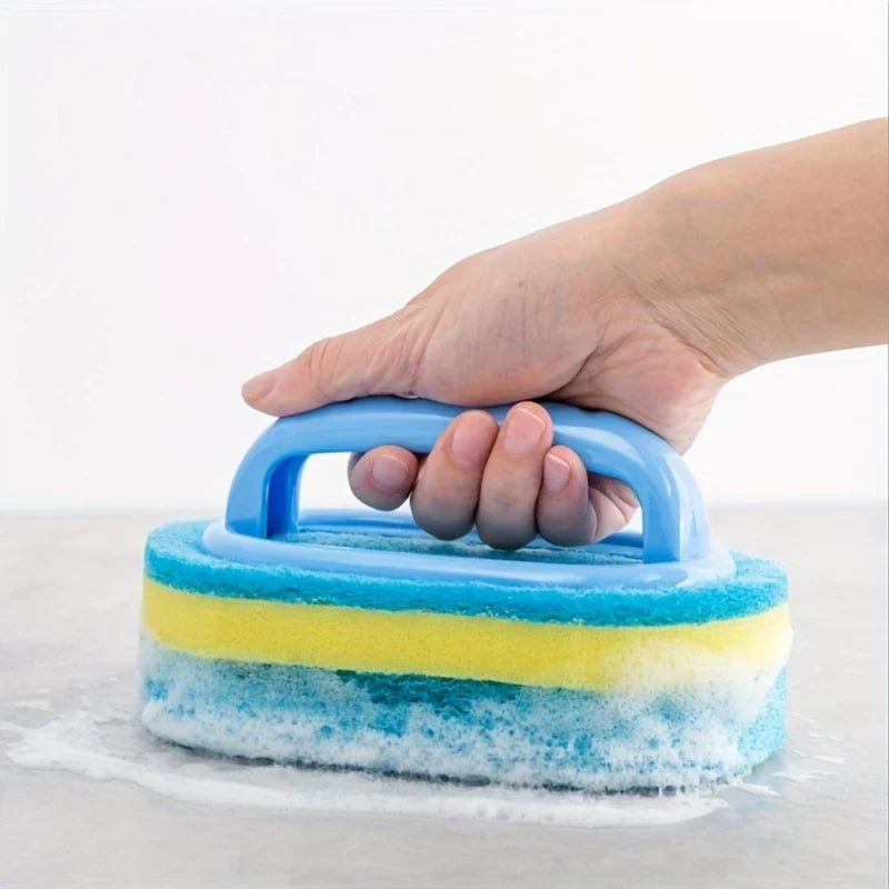 Heavy Duty Scrub Sponges - Hand gripping sponge handle while scrubbing a smooth flat surface with suds