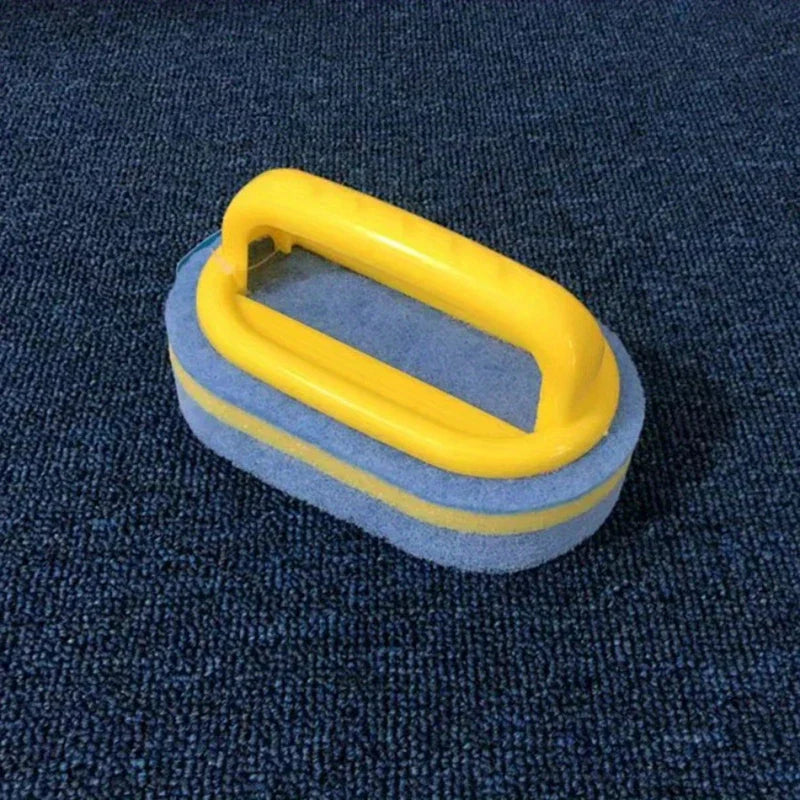 Heavy Duty Scrub Sponges - Cleaning brush with yellow plastic handle and blue layered sponge rests on dark blue carpet
