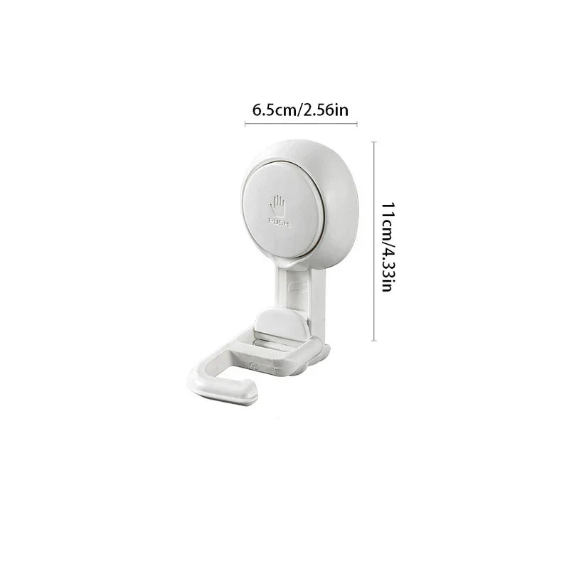 Suction Cup Hook - White wall-mounted hook with suction cup base, shown with dimensional size measurements.