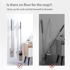 Suction Cup Hook - Side-by-side comparison: mops hung neatly on wall hooks versus mops leaning cluttered on the floor.