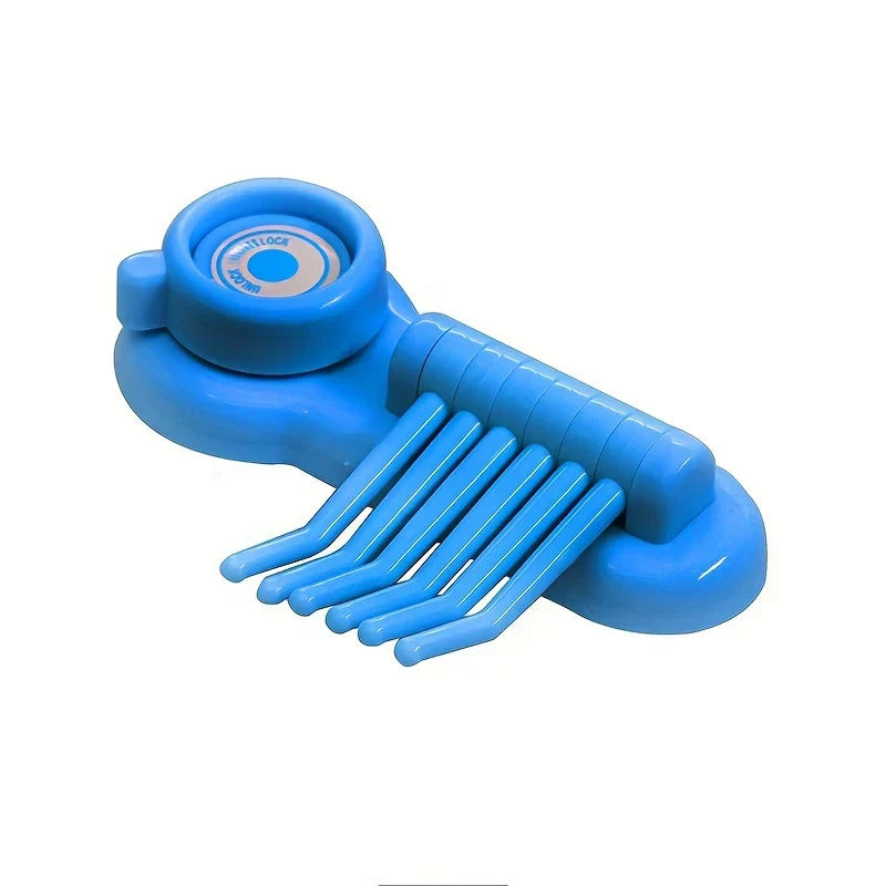 Heavy Duty Suction Cup Hooks - Bright blue plastic baby safety sliding cabinet lock with curved prongs, white background