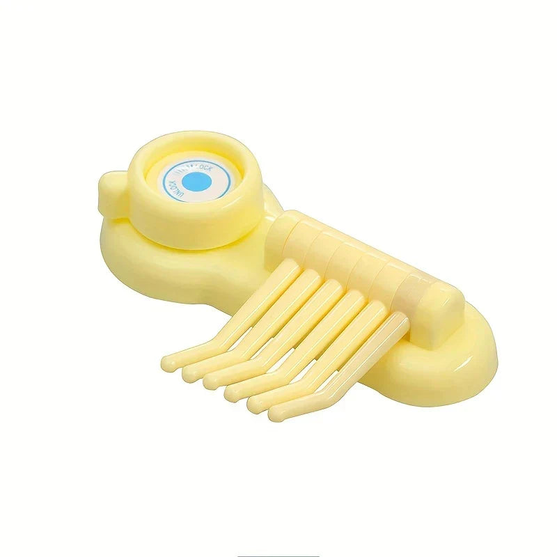 Heavy Duty Suction Cup Hooks - Pale cream yellow plastic baby safety sliding cabinet lock with curved prongs, white background