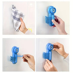 Heavy Duty Suction Cup Hooks - 4-panel step-by-step view of hands installing and using a blue wall-mounted towel holder on white tile